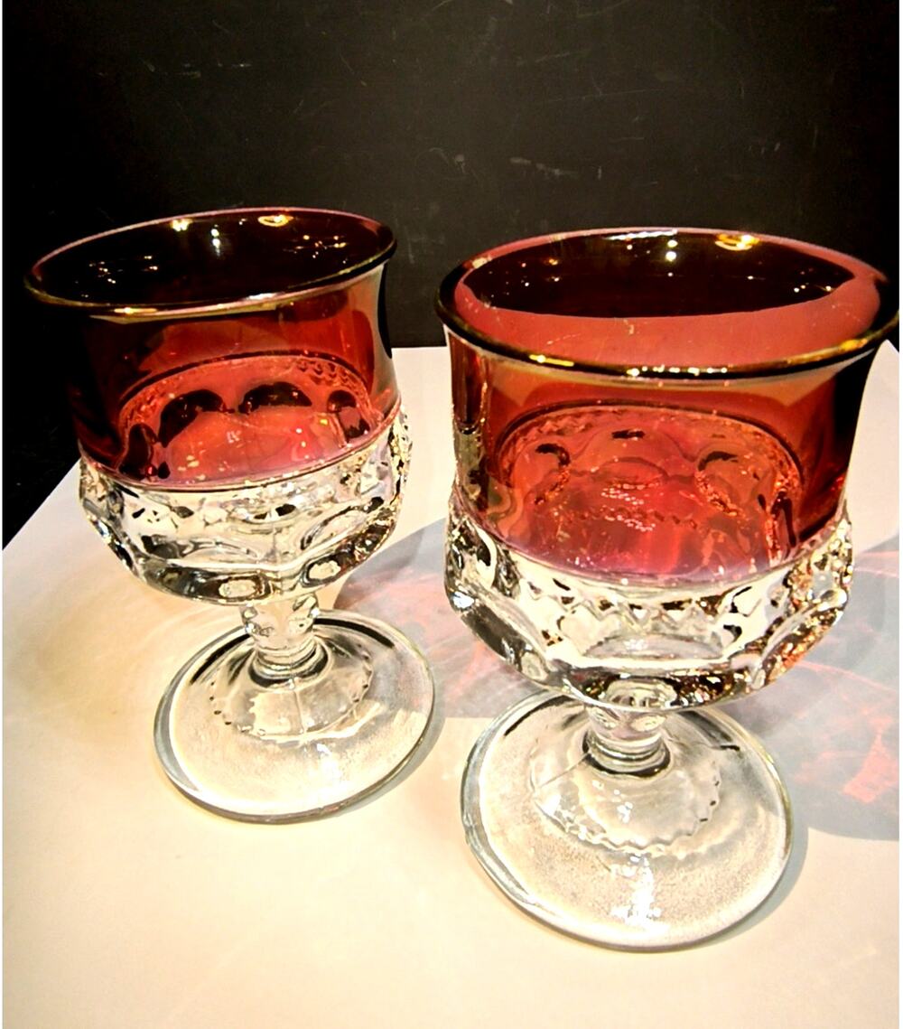 2078.  Set of 2 Vintage Ruby Cranberry  Thumbprint Kings Crown Stemmed Goblets
